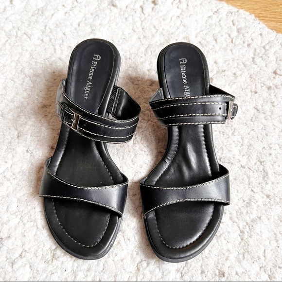 Etienne Aigner Black and Exposed Cream Stitching Buckle Slip On Sandal Heels - Picture 2 of 9